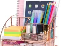 Desk Organizer with Drawer | Metal Mesh Multipurpose 6 Compartment Storage Holder | Stationery, Makeup, Office Supplies Organizer (Rose Gold) (22.3X15X14.9 CM)