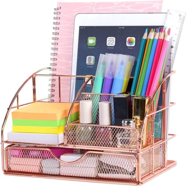 Desk Organizer with Drawer | Metal Mesh Multipurpose 6 Compartment Storage Holder | Stationery, Makeup, Office Supplies Organizer (Rose Gold) (22.3X15X14.9 CM)