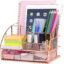 Desk Organizer with Drawer | Metal Mesh Multipurpose 6 Compartment Storage Holder | Stationery, Makeup, Office Supplies Organizer (Rose Gold) (22.3X15X14.9 CM)