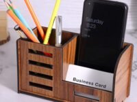 Deskart Stylish Pen Stand with Business Visiting Card & Mobile Holder | Multipurpose Wooden Desk Organizer for Office Desk and Study Table