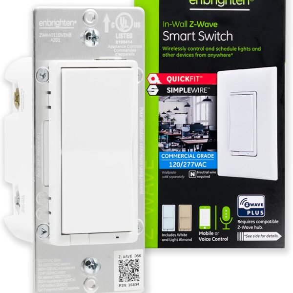 Enbrighten Z-Wave Plus Smart Switch with QuickFit and SimpleWire, In-Wall Commercial Grade 120/277 VAC, Z-Wave Hub Required, Works with Ring, SmartThings, Alexa, 700 Series, 59337