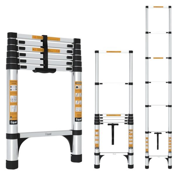 Equal 6.5 FT Portable & Compact Foldable Aluminium Telescopic Ladder | 2 Triangle Stabilizers | EN131 Certified | 2-Year Warranty | 150kg | Collapsible Ladder for Home & Kitchen Use (2m / 7 Steps)