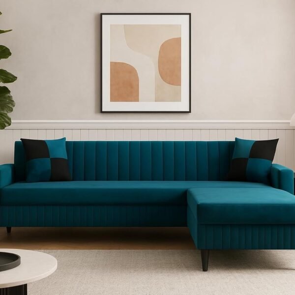 FURNY Gracina Fabric 4 Seater Convertiable L Shape Sofa Set 3 Seater Modern Sofa Set & Ottoman for Living Room (Teal) with Velvet Fabric