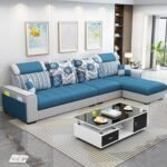 FURNY Sofiazo 5 Seater RHS Fabric Sectional L Shape Sofa Set (Blue-Light Grey)
