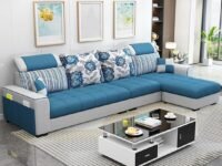 FURNY Sofiazo 5 Seater RHS Fabric Sectional L Shape Sofa Set (Blue-Light Grey)