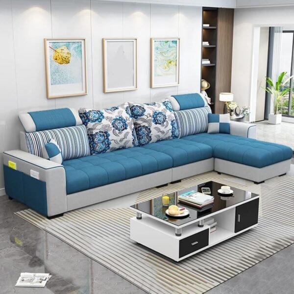 FURNY Sofiazo 5 Seater RHS Fabric Sectional L Shape Sofa Set (Blue-Light Grey)
