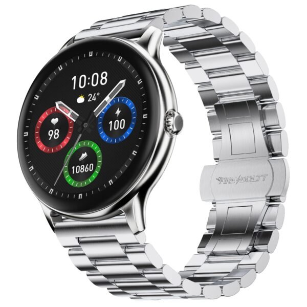 Fire‑Boltt Phoenix Pro Round Smart Watch 1.39″ Display with Bluetooth Calling,AI Voice Assistant,SpO2 & Heart Rate Monitor, 120+ Sports Modes,IP67 Waterproof Metal Smart Watch for Men & Women - Silver
