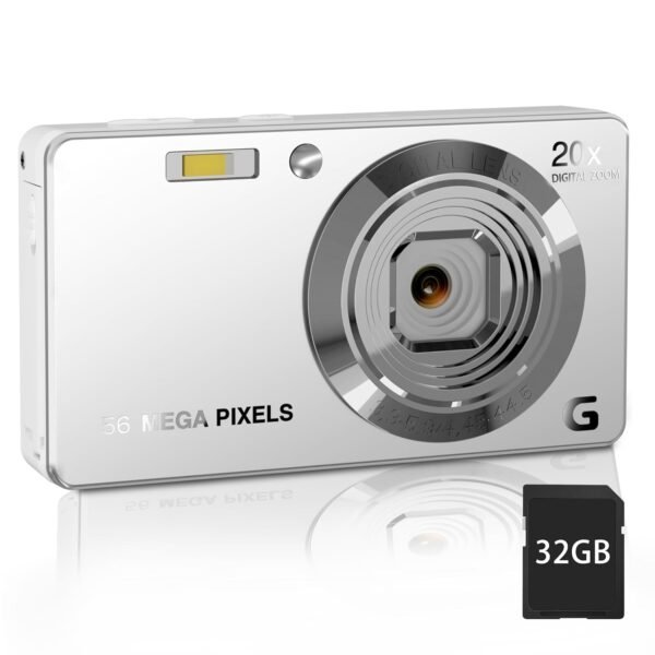 Focusify Digital Camera, 4K Ultra HD 56Mp Autofocus Camera, Digital Point and Shoot Camera with 20X Zoom Anti Shake, Video Camera with 32GB SD Card for Adults, Teens, Beginners(Silver), CDF5S