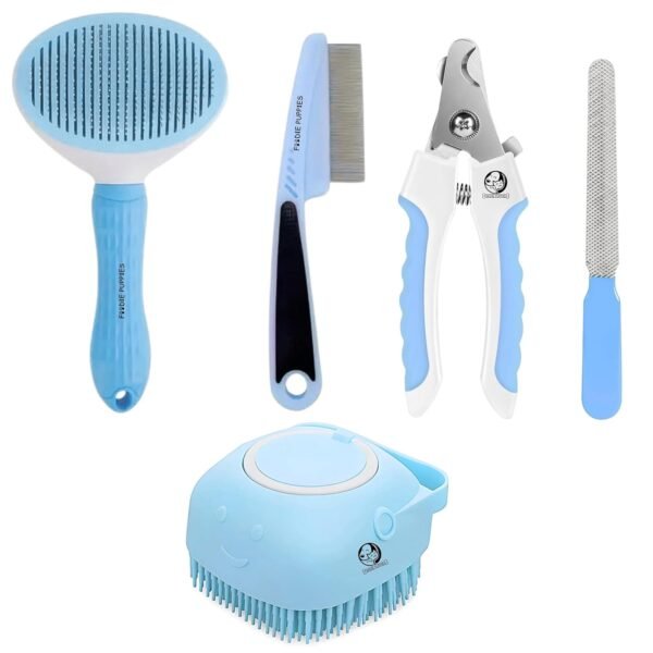 Foodie Puppies 4-in-1 Pet Grooming Kit for Dogs & Cats – Oval Slicker Brush, Flea Comb, Silicone Bath Brush, Nail Clipper & Filer | Self-Cleaning Tools for Hair Removal and Grooming (Color May Vary)