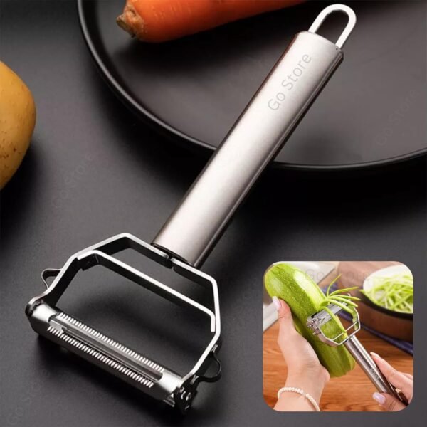 Go Store 2 in 1 Stainless Steel Julienne Vegetable Peeler Multi-Functional Fruit & Veggie Shredder Slicer and Grater for Potatoes, Carrots, Cucumbers (Silver, 18 x 8.2 x 2.3 cm)