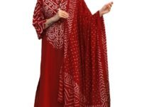 GoSriKi Kurta Sets for Women Rayon Viscose Bandhani Printed | Kurti Set for Woman | Kurta Pant Dupatta Set | Straight Kurti | Round Neck 3/4 Sleeve Suit Set for Women Stylish Ethnic Outfit
