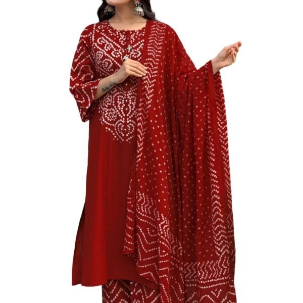 GoSriKi Kurta Sets for Women Rayon Viscose Bandhani Printed | Kurti Set for Woman | Kurta Pant Dupatta Set | Straight Kurti | Round Neck 3/4 Sleeve Suit Set for Women Stylish Ethnic Outfit