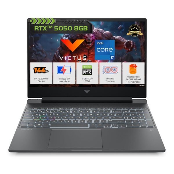 HP Smartchoice Victus, 13th Gen Intel Core i7-13620H, 8GB RTX 5050, 24GB DDR5(Upgradeable) 1TB SSD, 144Hz, FHD, 15.6''/39.6cm, Win11, M365* Office24, Mica Silver, 2.29kg, fa2309TX, RGB Gaming Laptop