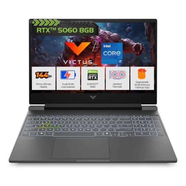 HP Victus, 13th Gen Intel Core i7-13620H, 8GB RTX 5060, 24GB DDR5(Upgradeable) 1TB SSD, 144Hz, 300nits, IPS, FHD, 15.6"/39.6cm, Win11, M365* Office 24, Mica Silver, 2.29Kg, fa2308TX, RGB Gaming Laptop