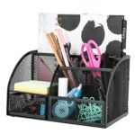Handcuffs Desk Organizer Metal Mesh Pen And Pencil Storage Box With 6 Compartments | Stationary | Supplies | Holder | Study | Table Organiser | Office | Accessories (Black)