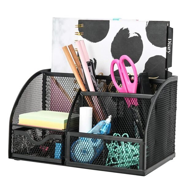 Handcuffs Desk Organizer Metal Mesh Pen And Pencil Storage Box With 6 Compartments | Stationary | Supplies | Holder | Study | Table Organiser | Office | Accessories (Black)