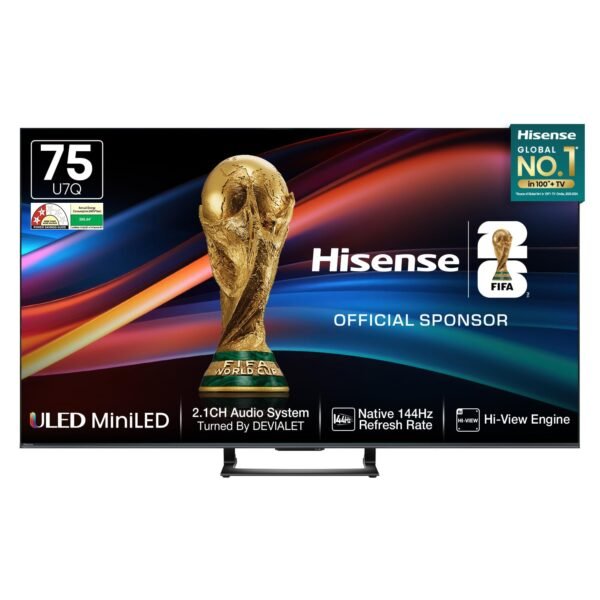 Hisense 189 cm (75 Inches) 4K QLED Mini-LED Smart TV | 900 NITS Peak Brightness | 144Hz Game Mode | Dolby Vision IQ, Dolby Atmos | 2.1 CH 40W Speakers (Built-in Subwoofer) | VIDAA OS | 75U7Q (Black)