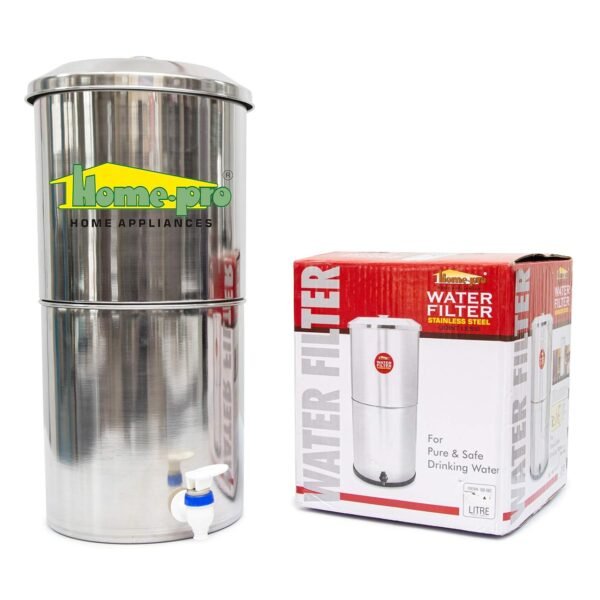 Home-Pro - Gravity Water Filter and Purifier | 30 Liters Total Capacity (15L Bottom & 15L Top) Made with Stainless Steel |Includes 4 Creamic Candle and Food Grade Plastic Tape