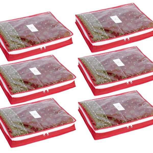HomeStrap Polypropylene Set Of 6 Foldable 3 Inch Height Saree Covers/Clothes Storage Bag/Wardrobe Organizer With Transparent Top And Zip For, Suit, Dress,& Accessories (Red)