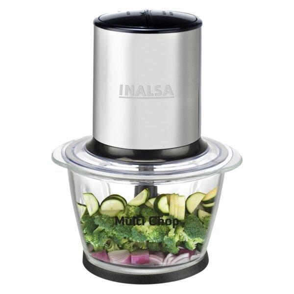 INALSA Electric Chopper for Kitchen&Meat Grinder with 1.5 Extra Large Capacity Glass Bowl|Pure Copper 500Watt Motor|2 Speed Settings|Stainless Steel Double Layer Blade|Quick Chopping (Multi Chop)