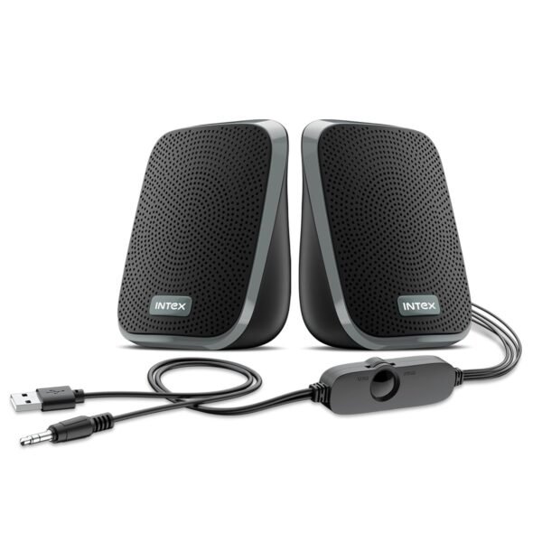 Intex IT-120 2.0 Channel Desktop Speaker with 10W Powerful Sound, USB Powered, 3.5mm Jack, in-Line Volume Control, Loud & Compact Design, Portable for Laptop, Computer, Mobile – Grey