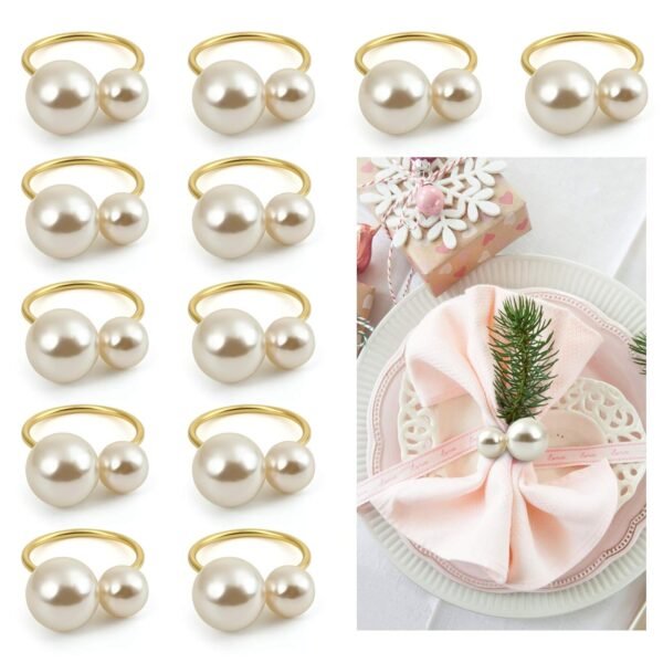 Kesoto Set of 12 Pearl Napkin Rings, Gold Napkin Ring Holders for Formal or Casual Dinning Table Decor