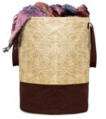 Kuber Industries Round Laundry Basket For clothes|Non Woven Laundry Bag|Metalic Print Foldable Toy Storage Organizer|Reinforced Handle With Sturdy Base 45 LTR (Beige)