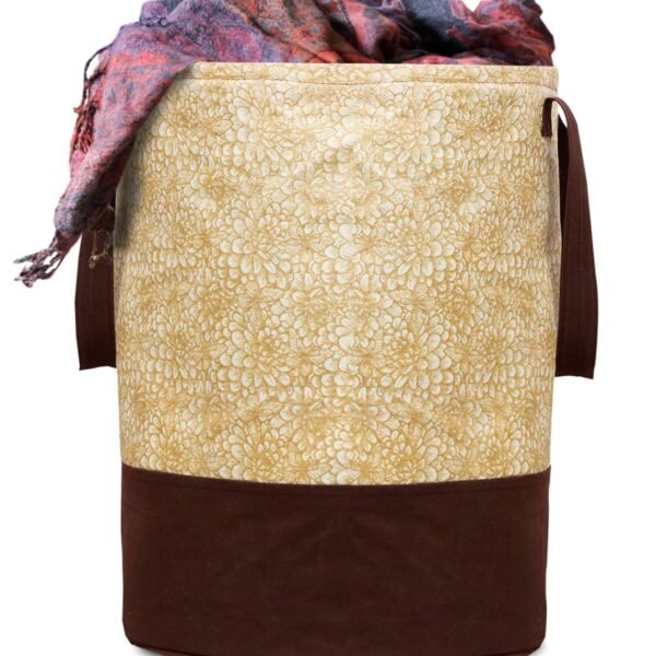 Kuber Industries Round Laundry Basket For clothes|Non Woven Laundry Bag|Metalic Print Foldable Toy Storage Organizer|Reinforced Handle With Sturdy Base 45 LTR (Beige)