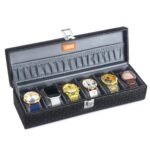 LEDO 6-Slot Watch Storage Box Organizer, Premium Black Leather Case with Gray Velvet Interior, Transparent Display Lid, Metal Clasp