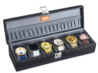 LEDO 6-Slot Watch Storage Box Organizer, Premium Black Leather Case with Gray Velvet Interior, Transparent Display Lid, Metal Clasp