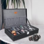 LEDO Leather Unisex Watch Box Organizer Holder Case In 12 Slots Of Watches In Black And Gray