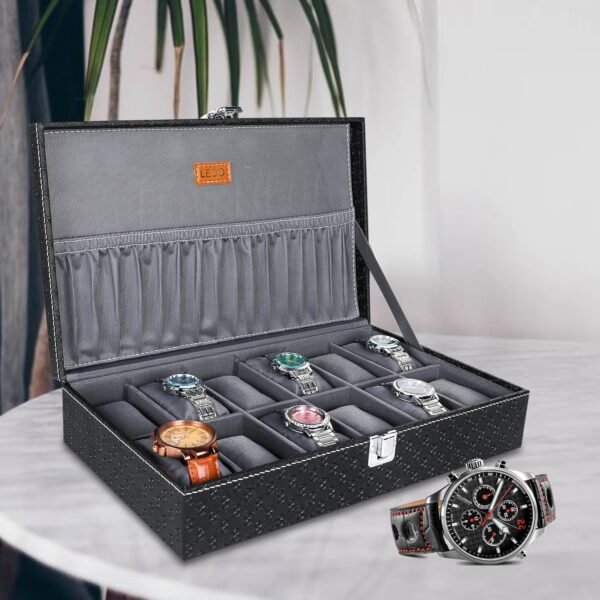 LEDO Leather Unisex Watch Box Organizer Holder Case In 12 Slots Of Watches In Black And Gray