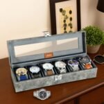 LEDO Luxury Watch Box Organizer Case with 6 Slots, PU Leather, Gray, Transparent Display, Soft Cushion Interior, Metal Clasp Lock, Perfect for Men and Women