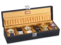 LEDO Luxury Watch Storage Box, 6-Slot Watch Display Case Organizer with Metal Clasp, Black PU Leather, Cream Interior