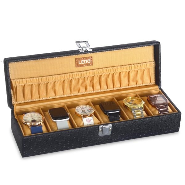 LEDO Luxury Watch Storage Box, 6-Slot Watch Display Case Organizer with Metal Clasp, Black PU Leather, Cream Interior