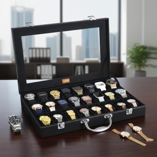 LEDO Men's and Women's Watch Box Holder Organizer Case In 24 Slots of watches In PU Leather with Black & Black