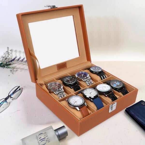 LEDO Watch Box Holder Organizer Case in 8 slots of Watches with Transparent Look Tan & Cream color Velvet