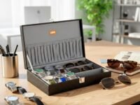 LEDO Watch Box Organizer and Sunglasses Case Holder with 6 Slots for Watches and 3 Slots for Sunglasses Black & Gray Color