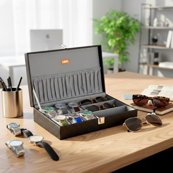 LEDO Watch Box Organizer and Sunglasses Case Holder with 6 Slots for Watches and 3 Slots for Sunglasses Black & Gray Color