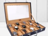 LEDO Watch Box Organizer with 24 Slots, PU Leather Case, Transparent Display, Blue and Cream Interior, Metal Clasp Lock, Rectangular Storage for Men and Women