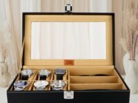 LEDO Watch Case Box and Sunglass Box Holder in PU Leather with 6 Slots for Watches and 3 Slots for Sunglasses Balck & Cream color