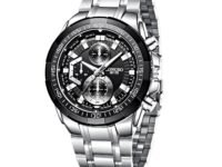 LONGBO Black Business Casual Stainless Steel Decorative Subdials Big Blue Dial Scratch Resistant Waterproof Analog Watch for Men and Boys