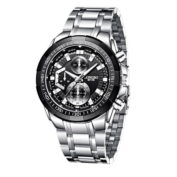 LONGBO Black Business Casual Stainless Steel Decorative Subdials Big Blue Dial Scratch Resistant Waterproof Analog Watch for Men and Boys