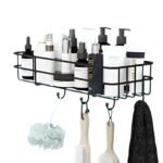 LOOT LO Self-Adhesive Bathroom Shelf with Hooks - Space-Saving Wall Mounted Shelf for Bathroom Essentials - Durable, No-Drill Required - Sleek Design, Pack of 1 (Black, Powder Coated)