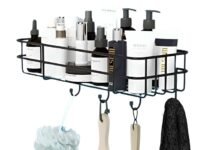 LOOT LO Self-Adhesive Bathroom Shelf with Hooks - Space-Saving Wall Mounted Shelf for Bathroom Essentials - Durable, No-Drill Required - Sleek Design, Pack of 1 (Black, Powder Coated)