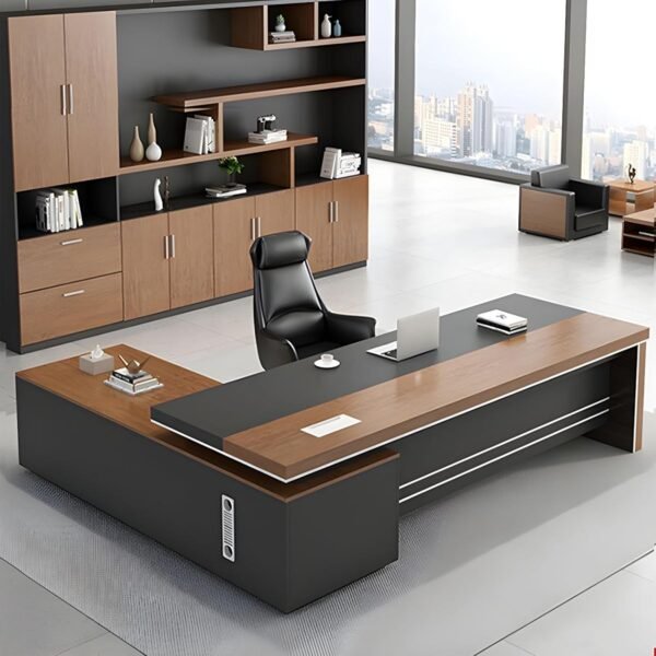 Lakdi Director & Executive L-Shape Office Table Luxury Desk Made in Particle Board with Side Unit, 3 Drawer and Storage Wire Manager and Cup Storage - Brown - LDL-624_RFT