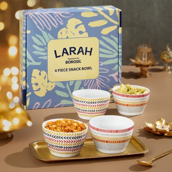 Larah by BOROSIL Boho & Rhythm Opalware 4 pc Snack Bowl Set | 515 ml x 4 Pasta Bowl Set | Microwave & Dishwasher Safe, Bone-Ash Free | Crockery Set Ideal for Daily Use & Gifting, White