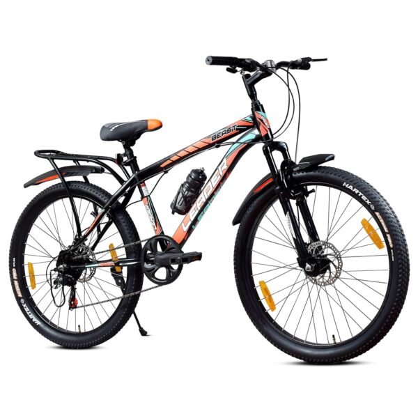 Leader Beast 24T IBC Premium 7 Speed Cycle for Kids with inbuilt Carrier | Gear Bicycle with Front Suspension & Dual Disc Brakes | Ideal for 10+ Years - Matt Black