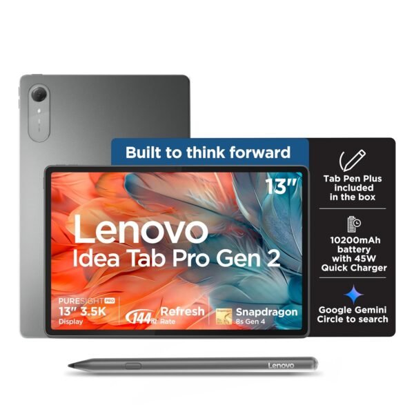 Lenovo Idea Tab Pro Gen 2 with Pen Plus | 13" Display, 3.5K Resolution, 144Hz Refresh | 8GB, 256GB | Snapdragon 8s Gen 4 | 10200mAh | 4 JBL Speakers| USB 3.0 with DP-Out | Wi-Fi 7 | Luna Grey
