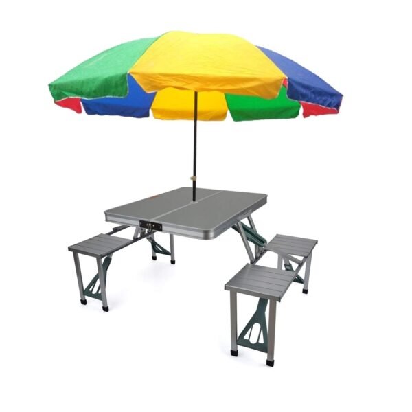MYHEART Aluminium Portable Folding Picnic Camp Suitcase Table for Hiking, Patio and Garden Heavy Duty Aluminium Portable Folding Picnic Table & Chairs Set with Umbrella (Multicolor)